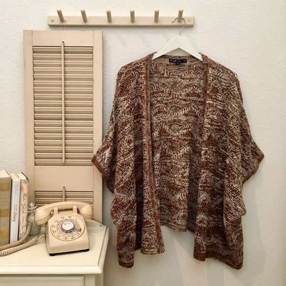 B & G Brand Variegated Brown & Cream Batwing Knit Open Front Sweater, Me… - Picture 1 of 8